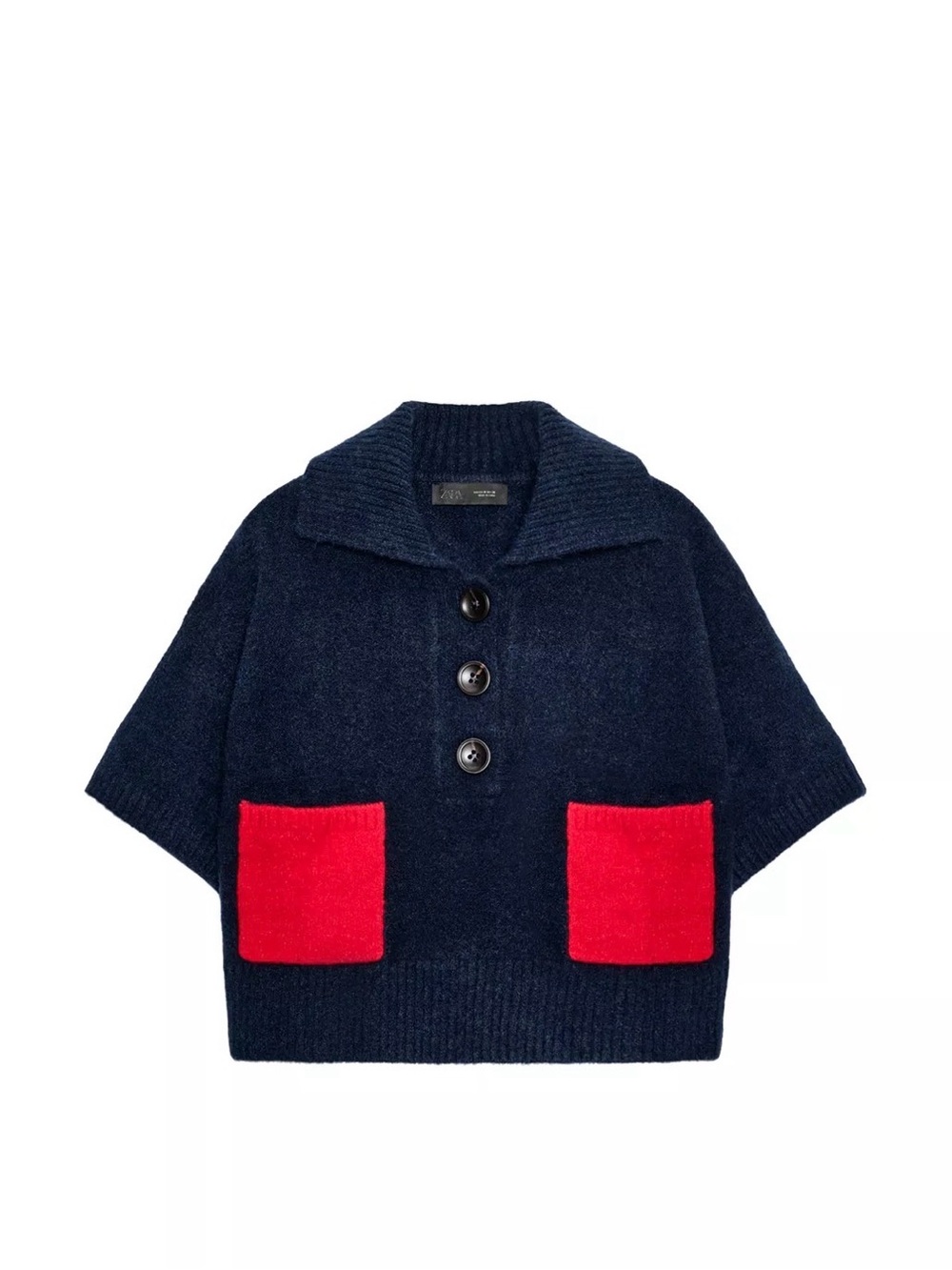 Kids Navy Knit Cape Jacket with Red Pockets
